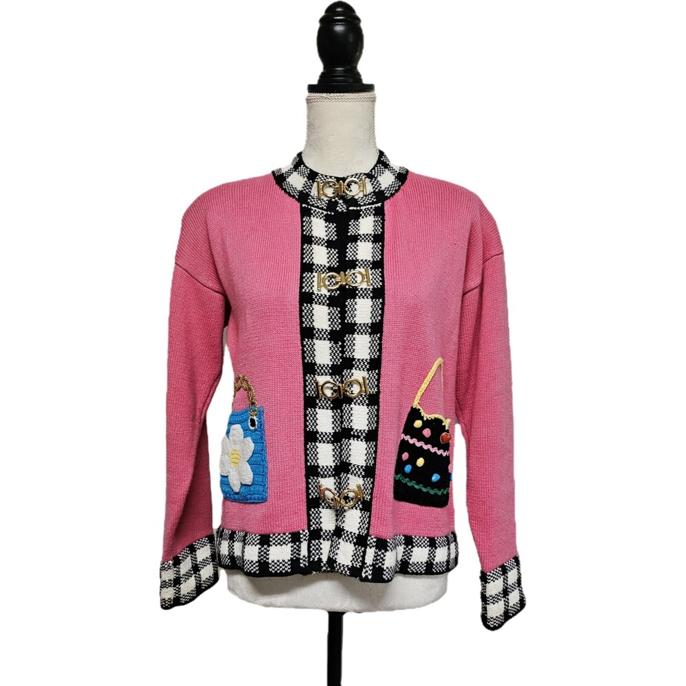 Vintage 80s Retro Berek2 Pink Knit Whimsy Purse Cardigan Size M Artsy Dopamine - Picture 1 of 9